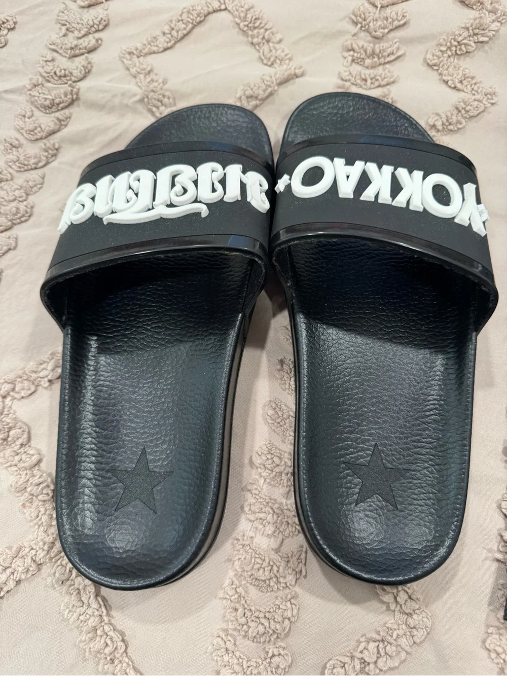 Unisex Yokkao Black Slide Sandals with White Logo in Thai. Size 38